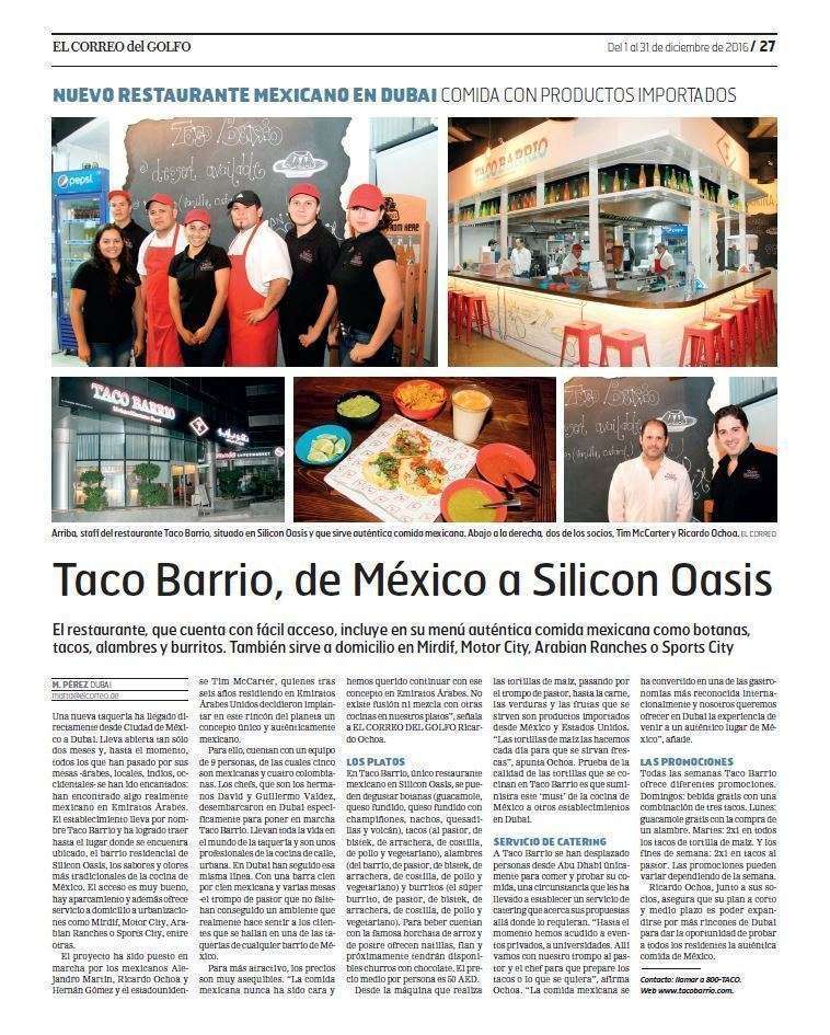 Página dedicada al restaurante Taco Barrio en la edición impresa de EL CORREO DEL GOLFO. 