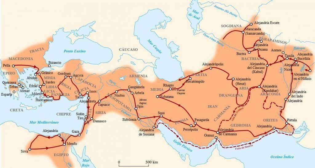 Ruta de las conquistas de Alejandro Magno. 