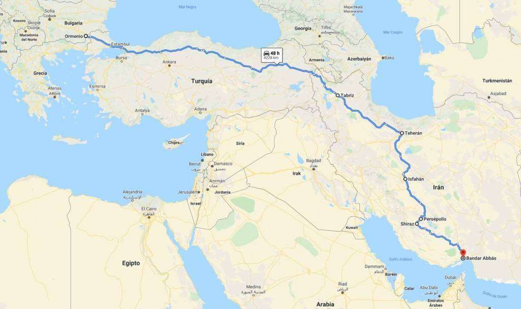 Tramo de Grecia a Bandar Abbas (sur de Irán) de la ruta Huelva-Emiratos Árabes. (Google Maps)