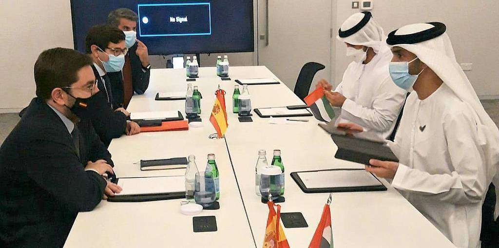 El secretario de Estado de España Global, Manuel Muñiz, durante su reunión con el ministro de Comercio Exterior de Emiratos Árabes, Thani Ahmed Alzeyoudila. (Embajada de España) El secretario de Estado de España Global, Manuel Muñiz, durante su reunión con el ministro dede Comercio Exterior de Emiratos Árabes, Thani Ahmed Alzeyoudila. (Embajada de España)