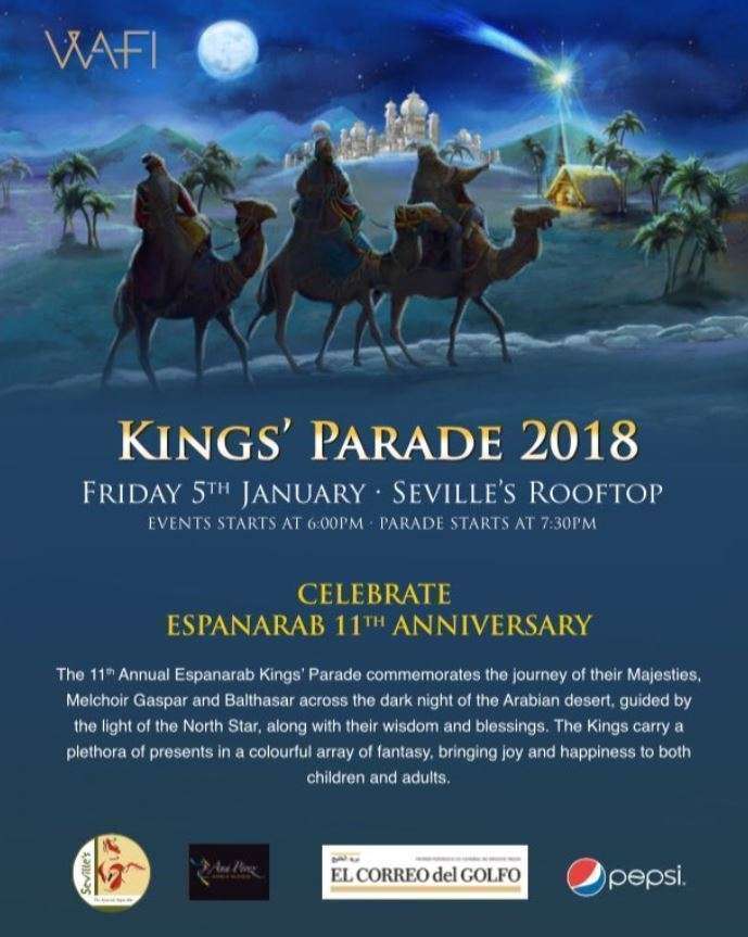 Flyer Cabaltata de Reyes Magos 2018 en Dubai.